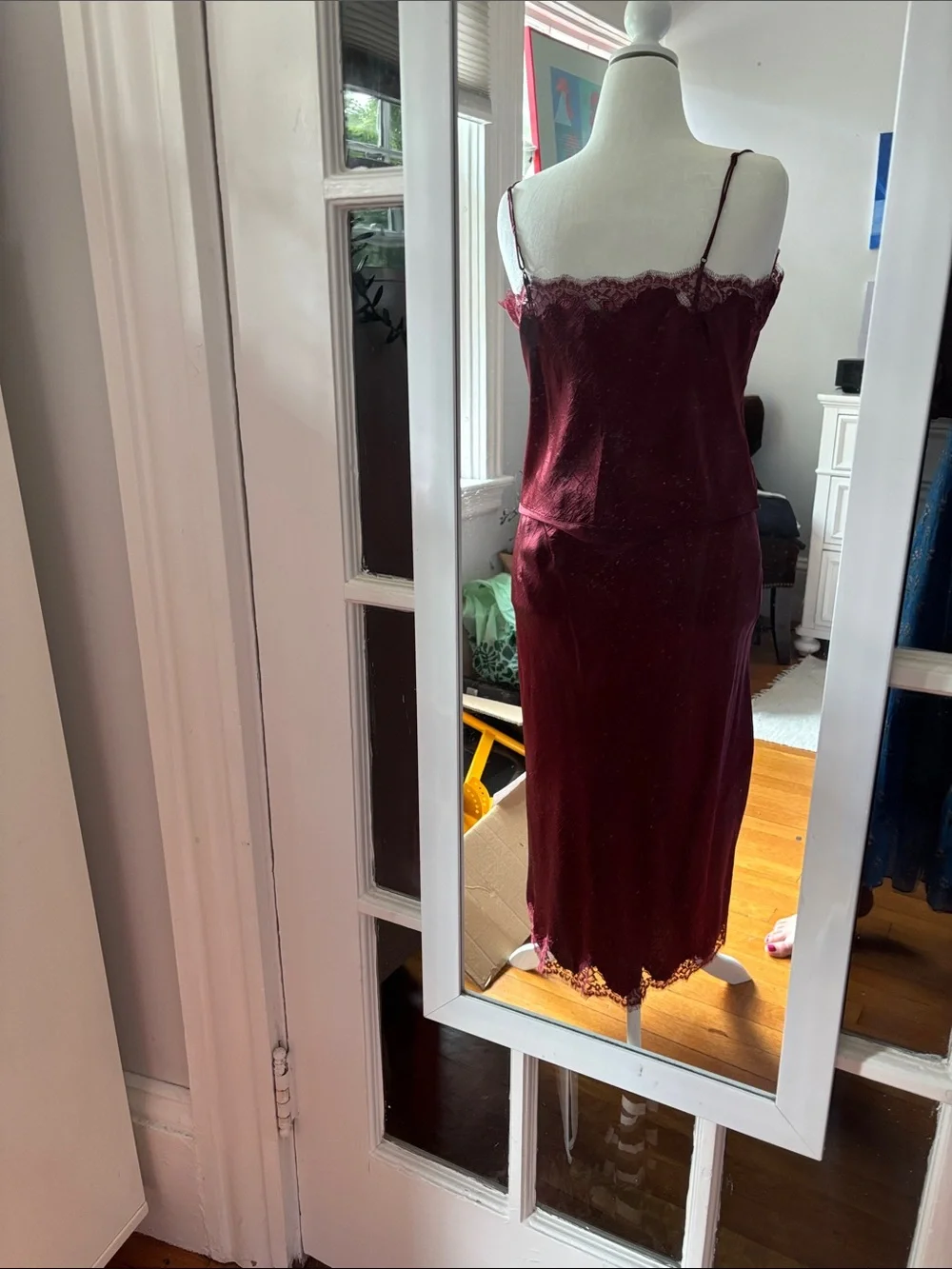 Matching set Jcrew, wine red lace trim cami and skirt with side slit